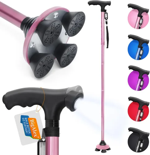 Vista 10 de BigAlex Bastón plegable con luz LED, base cuádruple giratoria, bastón ajustable con bolsa de transporte para hombre/mujer (base de aleación)