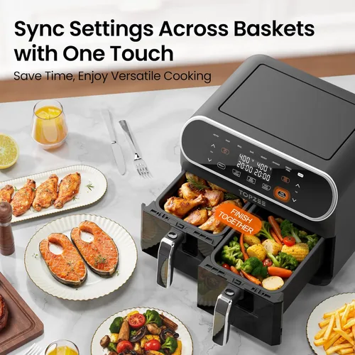 Vista 8 de Topzee Freidora de aire de doble cesta de 8 cuartos – Freidora de aire de tamaño familiar con zonas independientes duales, 8 ajustes preestablecidos