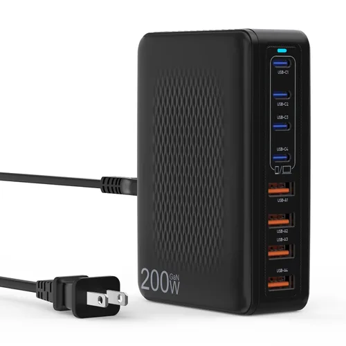 Bloque de Carga USB C, Estación de Carga USB C de 8 Puertos 200W, Cargador GaN Tipo C y A de Carga Rápida Hub de Escritorio PD Adaptador para Laptop