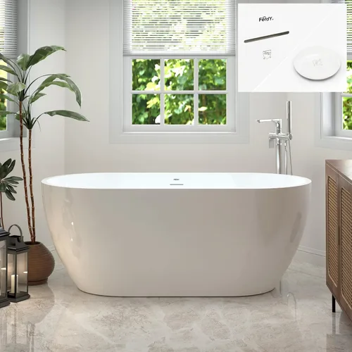 Vista 30 de FerdY Bañera independiente de acrílico Bali de 47 pulgadas, bañera independiente con forma elegante, certificado cUPC, drenaje dorado cepillado