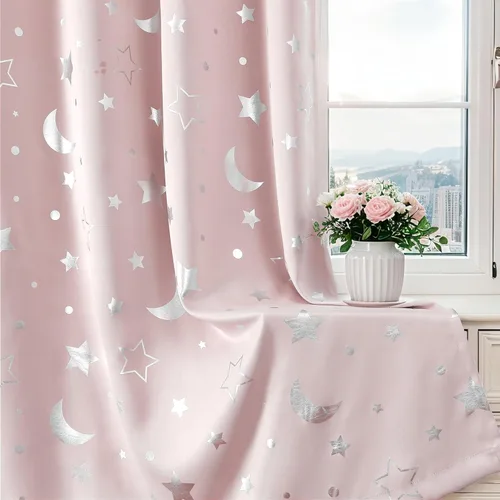 Vista 8 de WUBODTI Cortinas grises 100% opacas con diseño de estrellas para habitación de niños, 45 pulgadas de largo, juego de 2 paneles de cortinas