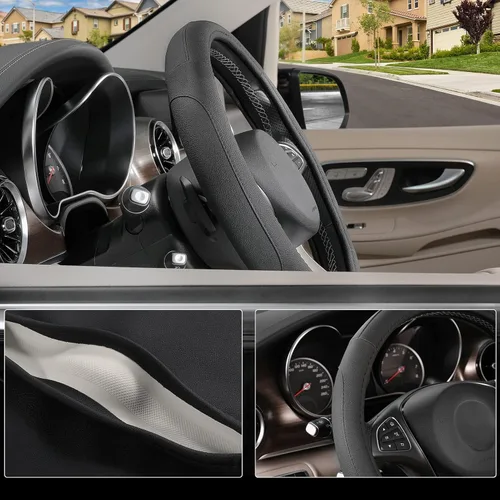 Vista 3 de SEG Direct Funda universal para volante de automóvil, tamaño estándar de 14.5-15 pulgadas, piel de microfibra negra