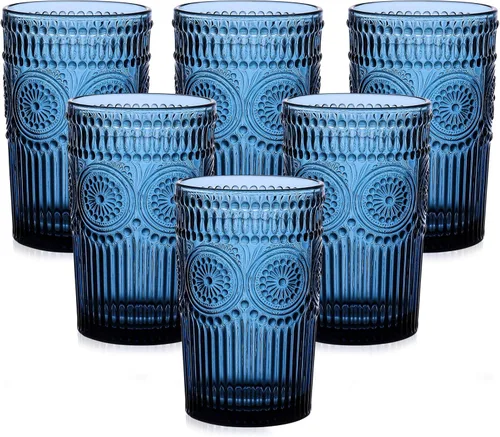 ZMOWIPDL Juego de 6 vasos de cristal vintage para beber, 13 onzas, diseño de flores texturizadas azules, vasos de agua con rayas en relieve para