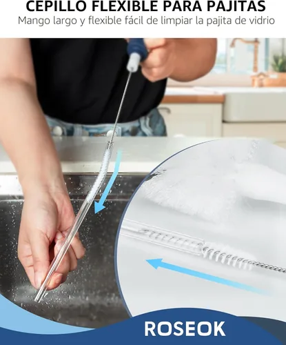 Vista 5 de ROSEOK Cepillo 2 en 1 para botella de mango largo con cepillo para popote para limpiar vidrio, botella deportiva, taza de café, azul marino, 1
