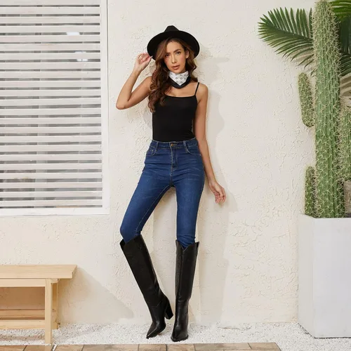 Vista 3 de ISNOM Botas occidentales para mujer, botas altas hasta la rodilla, vaquera, bordadas, tacón grueso, puntera puntiaguda, botas sin cordones