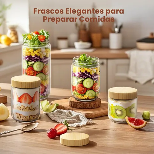 Vista 4 de Paquete de 4 recipientes para avena nocturna de 10 onzas con tapas de bambú, frascos de vidrio con tapas herméticas para preparación de comidas