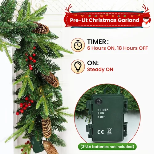Vista 3 de Guirnalda de Navidad, Guirnalda de Navidad Preencendida de 9 pies con Luces, Funciona con Baterías con Piñas y Bayas Rojas, Vegetación Artificial