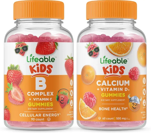 Lifeable B Complex Kids + Calcio con vitamina D Kids - Paquete de gomitas de gran sabor, suplemento vitamínico, sin gluten, sin OMG, gomita