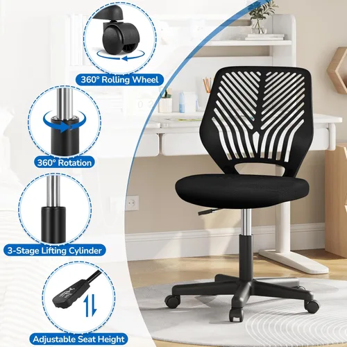 Vista 4 de Topeakmart Silla de oficina sin brazos, silla de estudio de computadora giratoria ajustable de malla para espacios pequeños, color negro