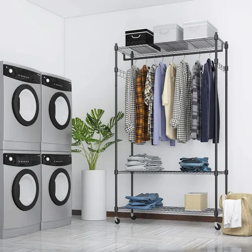 Vista 3 de BATHWA Perchero de ropa con ruedas y estante de alambre ajustable, perchero de 3 niveles que incluye 1 barra para colgar ropa, 1 gancho giratorio