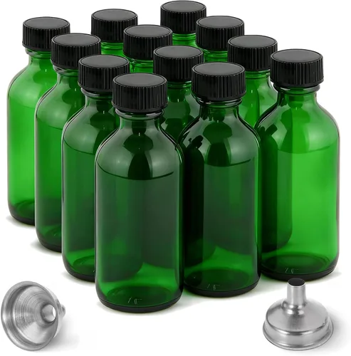 Vista 12 de Paquete de 6 botellas de vidrio ámbar de 2 onzas para extracto de vainilla, tarros redondos de vidrio marrón Boston a prueba de fugas con tapas