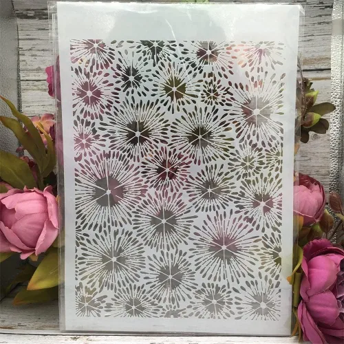 Vista 3 de TIAMECH Plantilla de fuegos artificiales reutilizable A4 para pintar, plantilla de capas de flores, arte de pared de bricolaje, muebles de madera