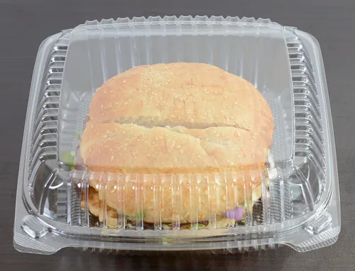 Vista 9 de Daxwell 8 x 8 x 3 pulgadas con bisagras de plástico (PET) contenedores para llevar, E10005860 (caja de 200)