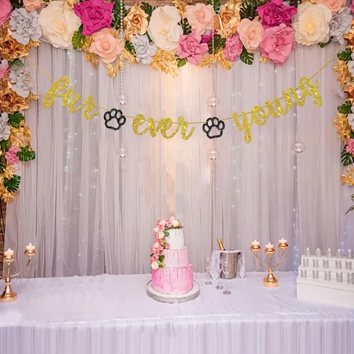 Vista 4 de Cartel de Fur Ever Young, decoraciones de fiesta de cumpleaños con temática de mascotas, pancarta de cumpleaños de perro y gato, suministros
