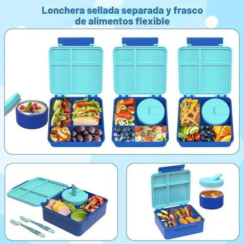 Vista 3 de Pawtong Caja Bento para Almuerzo con Termo para Sopa de 8oz, Contenedores de Comida para Almuerzo para Niños a Prueba de Fugas con 4 Compartimentos