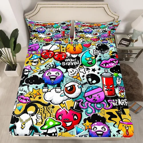 Vista 20 de Erosebridal Sábanas de Cama para Niños de Gato Lindo Tamaño Twin Línea de Arcoíris Neón Sábana Ajustable de Gato con Bolsillo Profundo para Niñas