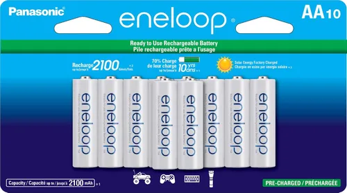 Eneloop Panasonic BK-3MCCA10FA pilas recargables AA de 2100 ciclos de carga Ni-MH, precargadas, paquete de 10 baterías
