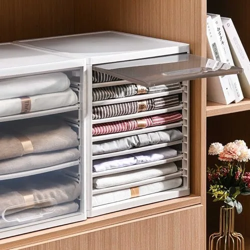 Stackable Closet Organizer for Folded Clothes - 6 Partition Plastic Storage Bins with Lids, Drawer Organizer, Grey - Ideal for Efficient Closet