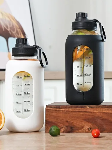 Vista 6 de Botellas de agua de vidrio de 40 onzas con funda de silicona, botellas de hidratación para beber, reutilizables, sin BPA, borosilicato, boca ancha