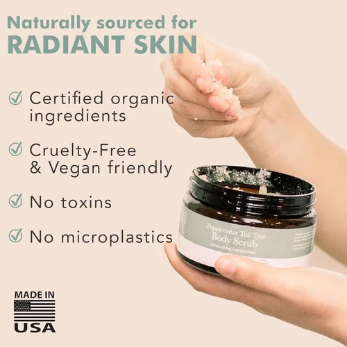 Vista 5 de Exfoliante corporal orgánico de árbol de té de menta – Exfoliante de azúcar fabricado en Estados Unidos con ingredientes naturales, exfoliante