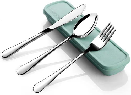 Vista 10 de Juego de utensilios portátiles con estuche, 4 cubiertos reutilizables de acero inoxidable para el almuerzo, camping, escuela, picnic, lugar