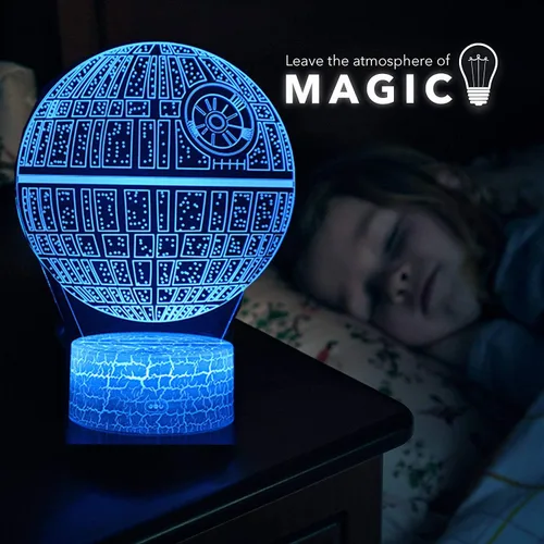 Vista 5 de Ilusión 3D Star Wars Luz nocturna de cuatro patrones de estrella de la muerte/Halcón Milenio/R2 D2/BB-8 Interestelar 7 Cambio de Color Decoración