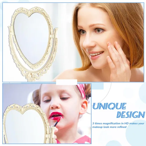 Vista 5 de Jetec Espejo en forma de corazón, maquillaje de escritorio, retro, rotación de 360 grados, cosmético de pie para decoración de tocador, espejo Beige