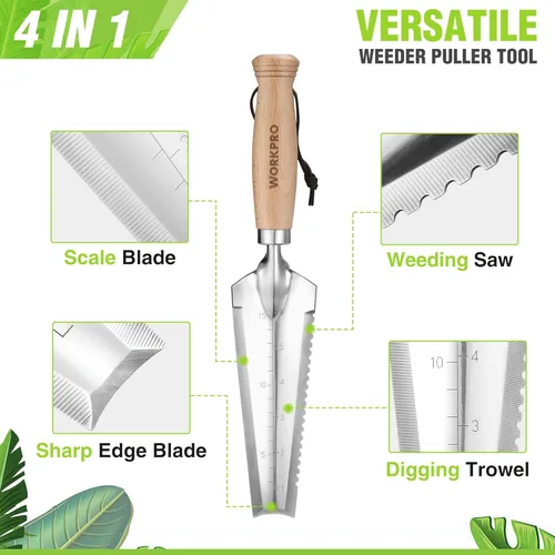 Vista 4 de WORKPRO Paleta de jardín con mango de madera, pala de mano estrecha de acero inoxidable, paleta de jardín plana multiusos para plantar, deshierbar