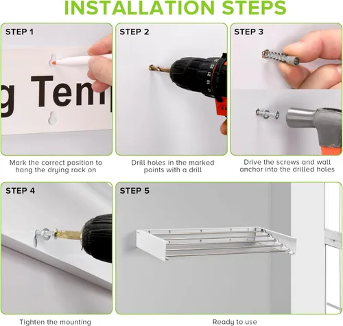 Vista 5 de Estante de secado de ropa montado en la pared, retráctil para baño con plantilla de pared, 5 varillas de acero inoxidable con capacidad de carga