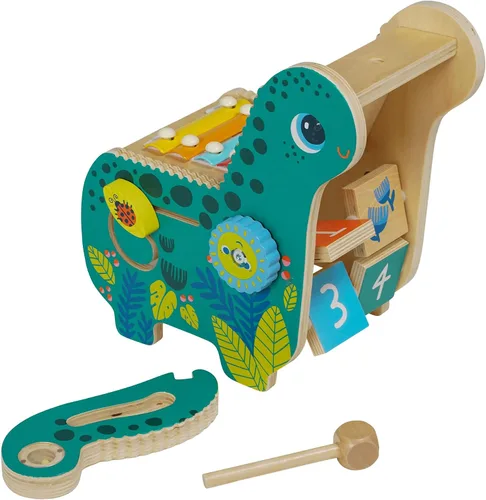 Vista 5 de Manhattan Toy Pollo Musical Instrumento de Madera para Niños Pequeños con Xilófono, Baquetas, Platillo y Maraca, Azul