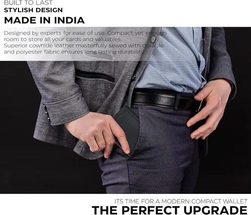 Vista 7 de Billetera triple de cuero real para hombres - Carteras RFID delgadas 9 tarjetas de crédito titular 2 compartimentos de identificación regalo
