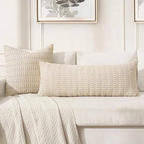 Vista 275 de MIULEE- Juego de 2 fundas de pana suave para cojín; diseño a rayas estilo bohemio, moderno, rural; decoración costera p/verano, hogar, sala de Azul