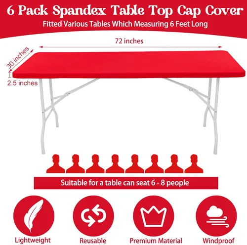 Vista 2 de Paquete de 6 manteles rectangulares de elastano para mesas rectangulares de 6 pies, manteles rectangulares lavables con borde elástico para Rojo