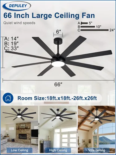 Vista 4 de Depuley Ventiladores de techo de 66" con luces: Ventilador de techo negro para interior/exterior para patios, sala de estar - 8 aspas Ventiladores