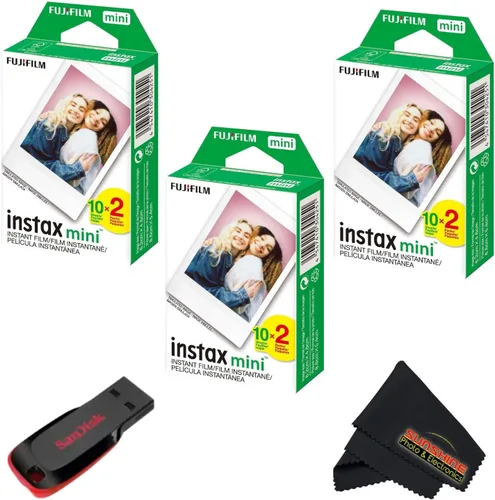 Vista 9 de Fujifilm Instax mini película instantánea de luz diurna (paquete doble + unidad flash USB de 32 GB) con paño de limpieza de microfibra Sunshine