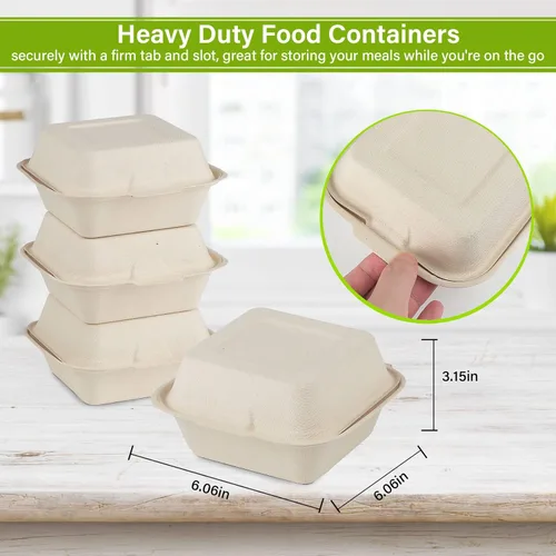 Vista 6 de greensight Contenedor de comida compostable para llevar de 6 x 6, paquete de 100 recipientes desechables de almeja para alimentos, cajas