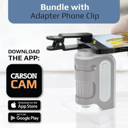 Vista 2 de Carson Adaptador de Digiscoping para smartphone MicroBrite Plus 60x-120x con luz LED microscopio de bolsillo con aplicación CarsonCam para teléfono