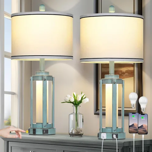 Vista 11 de Modern Table Lamps Set of 2, Industrial 3-Way Dimmable Bedside Lamp with USB A+C Ports & AC Outlet, 25" Touch Control Nightstand Lamp LED Night