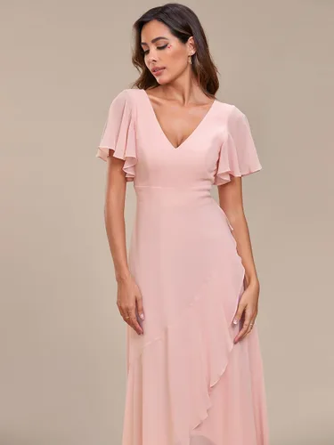 Vista 5 de Ever-Pretty Vestido de gasa con cuello en V doble acampanado y dobladillo con volantes, espalda descubierta, para invitadas de boda