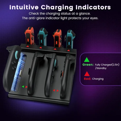 Vista 5 de Cargador de controlador de interruptor para Nintendo Switch 2 y 1 y OLED, base de carga rápida Joycon 8 en 1, estación de carga Joycon