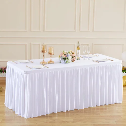 Vista 32 de Manteles de poliéster negro para mesas rectangulares de 4 pies, cubierta de mesa ajustada sin arrugas con falda de mesa plisada con volantes