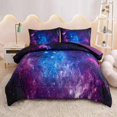 MWMWMW Juego de edredón de galaxia tamaño Queen, color morado, juego de ropa de cama para niños para niñas, juego de edredón Queen de 3 piezas con 2