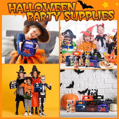 Vista 6 de ReliThick Paquete de 80 cajas de golosinas de Halloween con bolsas de celofán, cajas de dulces de galletas para golosinas de fantasma, bolsa