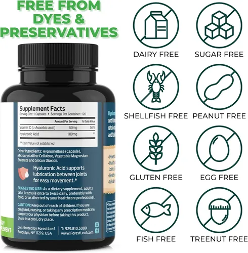 Vista 6 de ForestLeaf Suplementos de ácido hialurónico Cápsulas de polvo de ácido hialurónico dietético de 100 mg de alta biodisponibilidad + 50 mg de VIT C