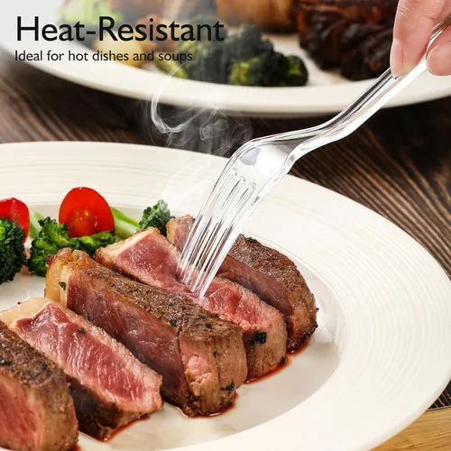 Vista 4 de [300 unidades] Tenedores de plástico transparente resistente, tenedores de plástico desechables, cubiertos de plástico de lujo, tenedores