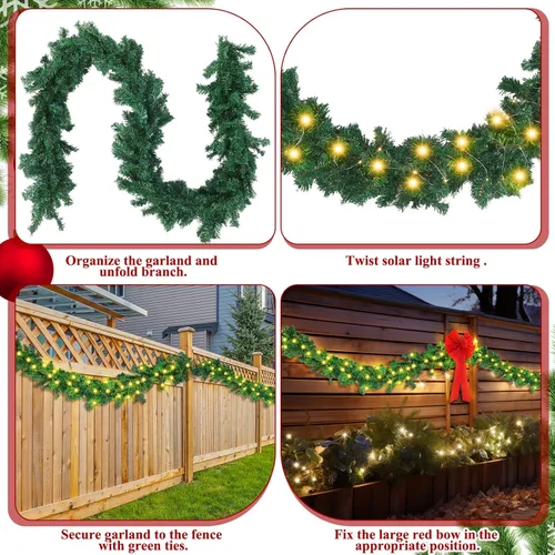 Vista 4 de Knitgrip 2 piezas de decoraciones de valla de Navidad de 9 pies en total de 18 pies con luz solar, guirnalda de Navidad al aire libre con 4 lazos