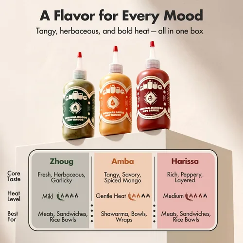 Vista 4 de Shuug Hot Sauce Variety Pack (3 Pack) Harissa, Zhoug, Amba Gourmet Hot Sauce Pack Middle Eastern Mediterranean Food Style Vegan, Non-GMO