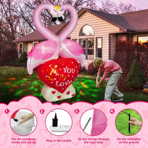 Vista 6 de Cisne inflable de pareja de 6 pies con corazón de amor, decoración de patio inflable con luz LED, decoración romántica de corazón para fiesta de San