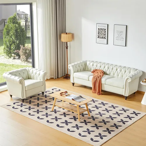 Vista 42 de Juego de 2 piezas para sala de estar, sofá loveseat Chesterfield de terciopelo con silla, brazos enrollados y tachuelas para sala de estar, oficina