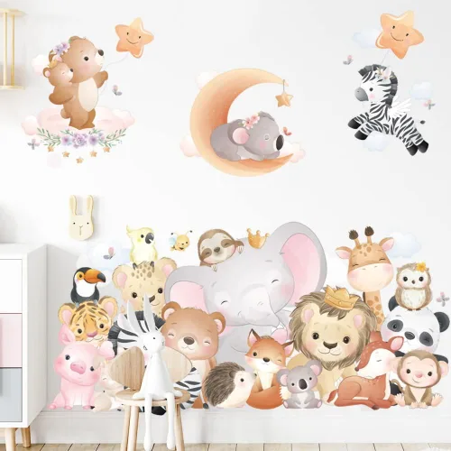 Vista 2 de Supzone Calcomanías de pared de animales de dibujos animados, calcomanías de pared de animales del bosque, elefante, jirafa, selva, calcomanía